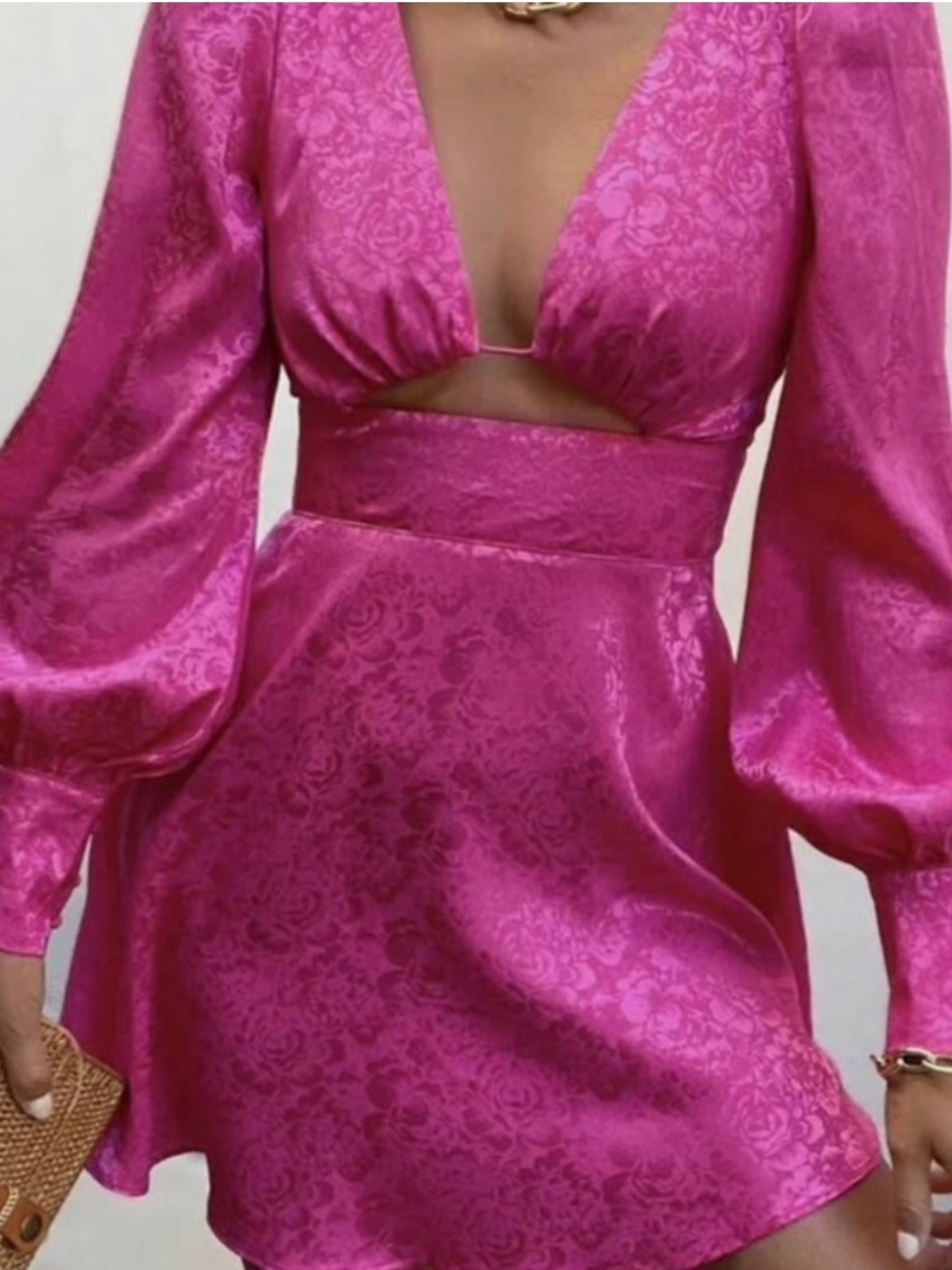 Seven Wonders Pink Brocade Floral Satin Long Sleeve Mini Dress Cut Out Size 6